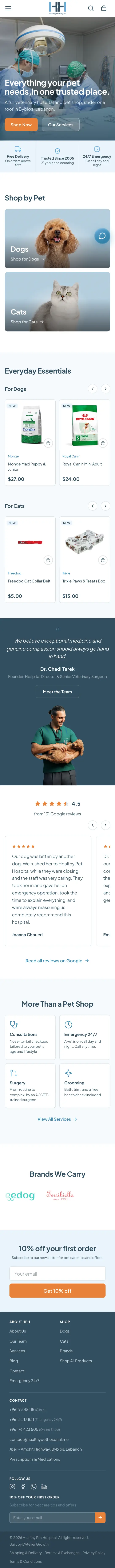 Healthy Pet Hospital online store, full homepage on mobile